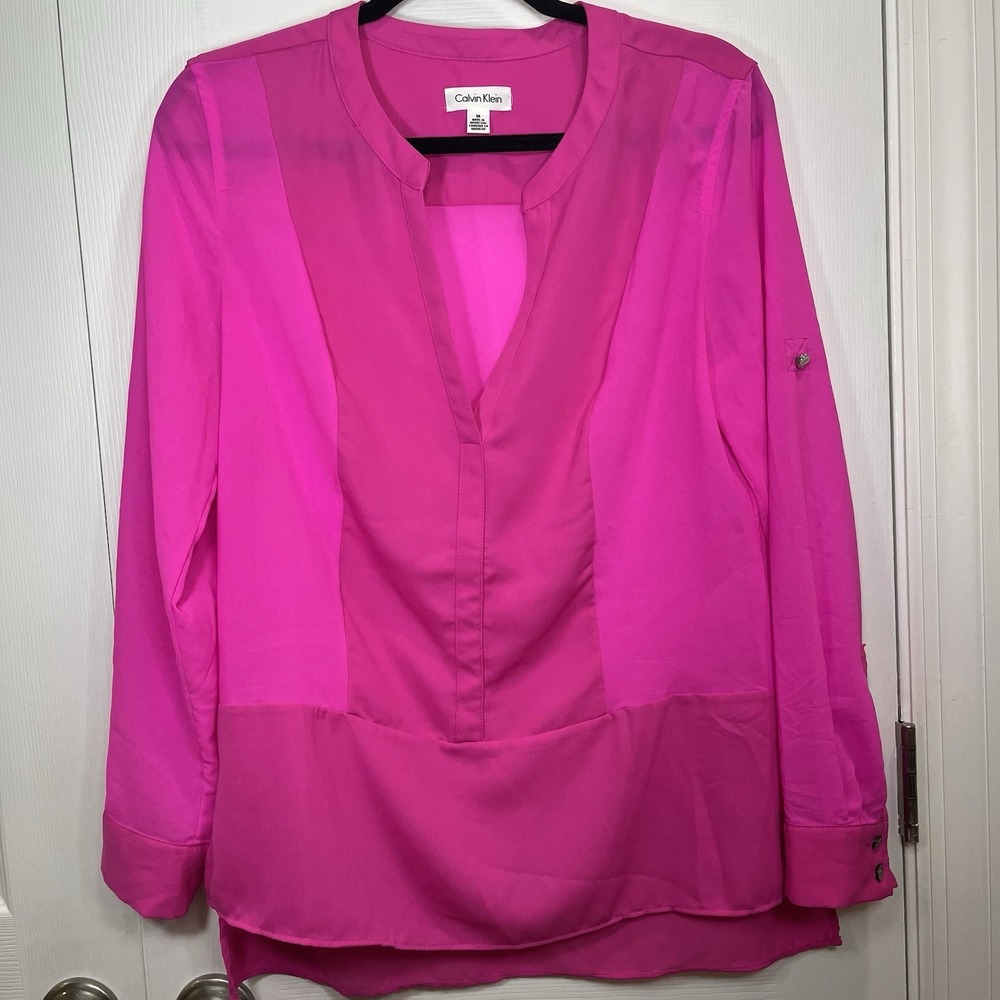 Calvin Klein Women's Size M Hot Pink Roll-Tab Sleeve Multi-Media Silky Blouse